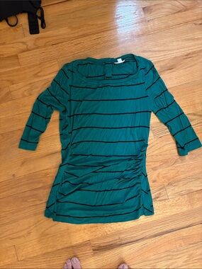 A Pea in the Pod Green and Black Striped Ruched-Side Maternity Top